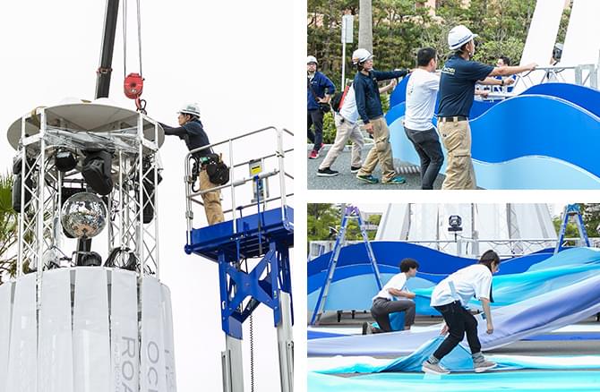 トラス構造の骨組み、足場のベニヤ造作、灯台を包むファブリックの各部分は、それぞれに専門性を持つ部門間で連携し制作されました。